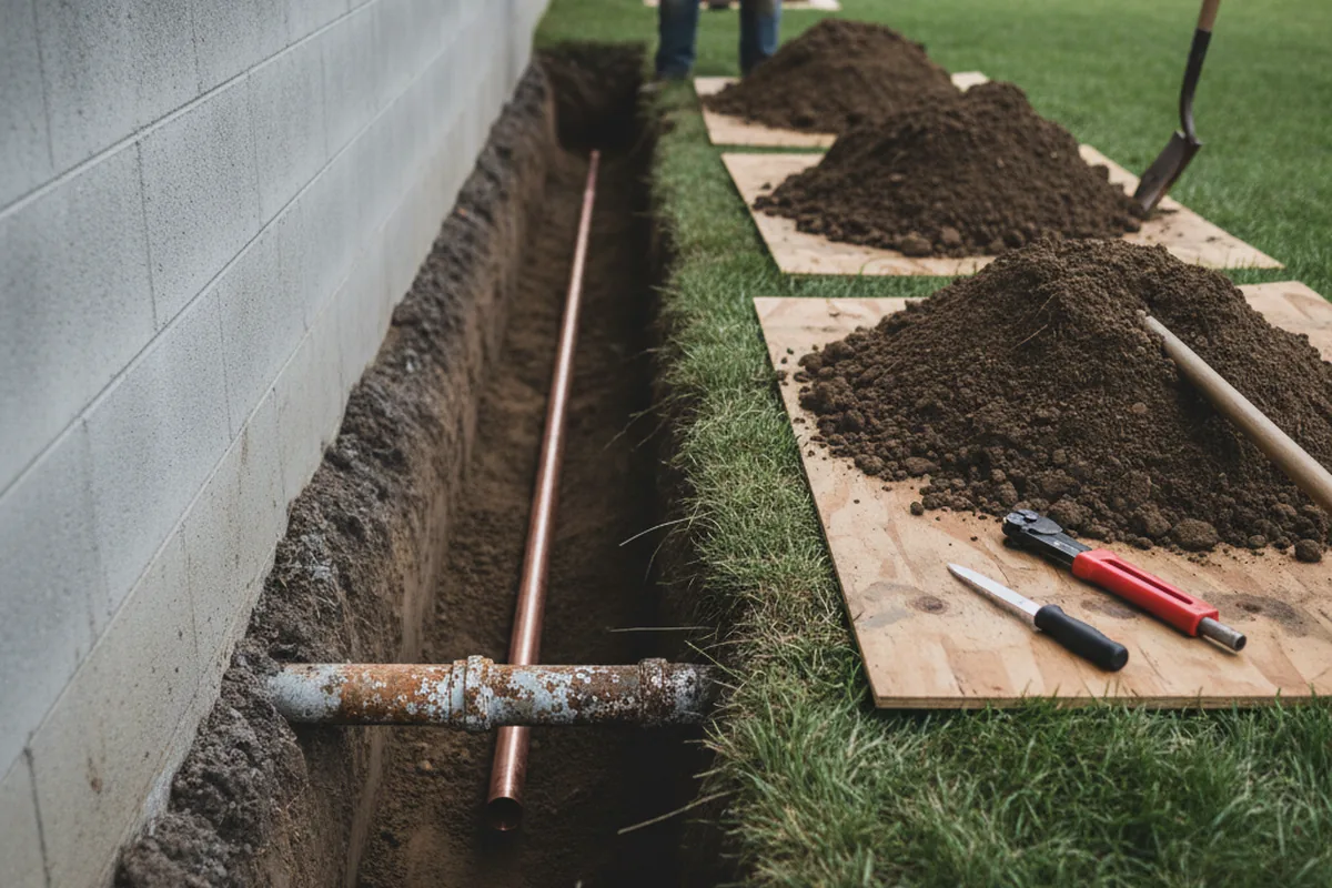 Excavated water line trench during Water Softener Installation in Christoval